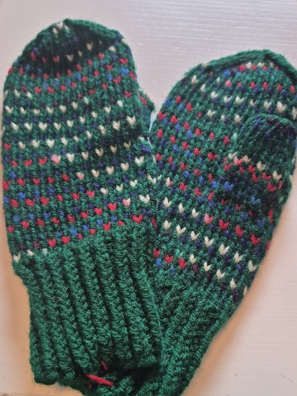 Green Fair Isle Knit Wool Mittens - Hand knit